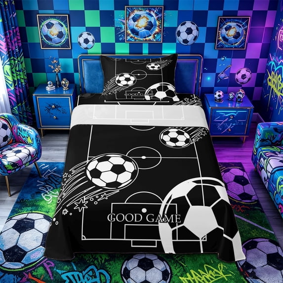 Castle Fairy Sport Soccer Twin Sheets 3pcs, Vintage Stars Print Bedding, Black White,1 Fitted Sheet, 1 Flat Sheet and 1 Pillowcase