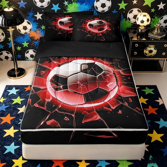 Castle Fairy Sport Soccer Zipper Full Size Comforter Sets with Fitted Sheet and 2 Pillowcases, Gradient Shattered Pattern Zipper Bedding Set, Black Red White,4pcs,Black Reversible