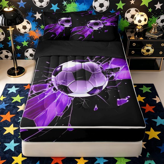 Castle Fairy Sport Soccer Zipper Twin Comforter Sets with Fitted Sheet and 2 Pillowcases, Gradient Shattered Pattern Zipper Bedding Set, Black Purple,4-Piece,Black Reversible