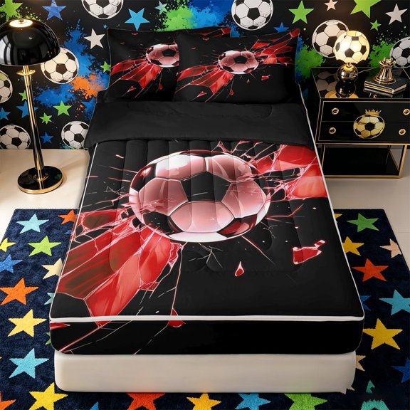 Castle Fairy Sport Soccer Zipper Twin Comforter Sets with Fitted Sheet and 2 Pillowcases, Gradient Shattered Pattern Zipper Bedding Set, Black Red White,4-Piece,Black Reversible