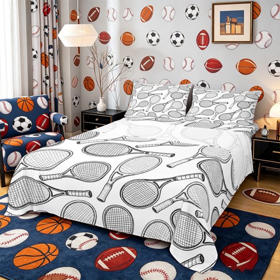 Castle Fairy Sport Tennis Bed Sheets 4-Piece, Ball Game Full Size Sheets, White Black,1 Fitted Sheet, 1 Flat Sheet and 2 Pillowcases