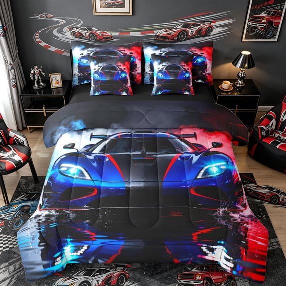 Castle Fairy Sports Car Bedding Comforter Set 7 Pieces for Boys, Smoke Splash Art Full Bedding Set for Bedroom, Blue Red,Black Reversible