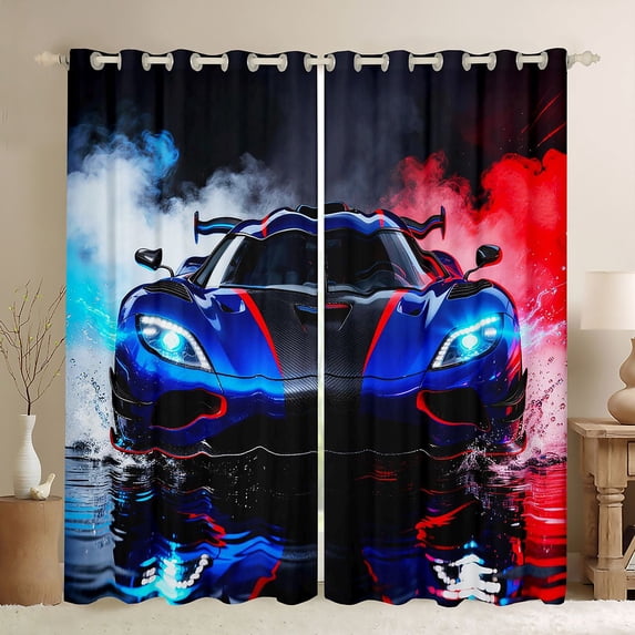 Castle Fairy Sports Car Curtains Pack of 2 (42x84 Each) for Boys, Smoke Splash Art Curtains Blackout for Bedroom, Blue Red