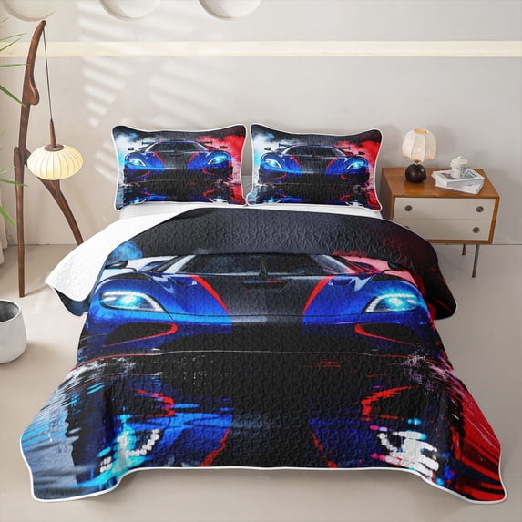Castle Fairy Sports Car Twin Quilt Set for Boys,Smoke Splash Art Twin Coverlet Set for Bedroom,Blue Red