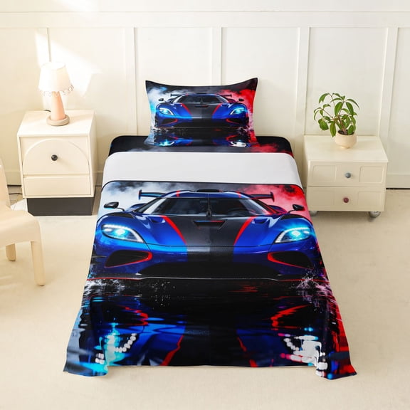 Castle Fairy Sports Car Twin Sheet Sets 3pcs for Boys, Smoke Splash Art Bedding for Bedroom, Blue Red
