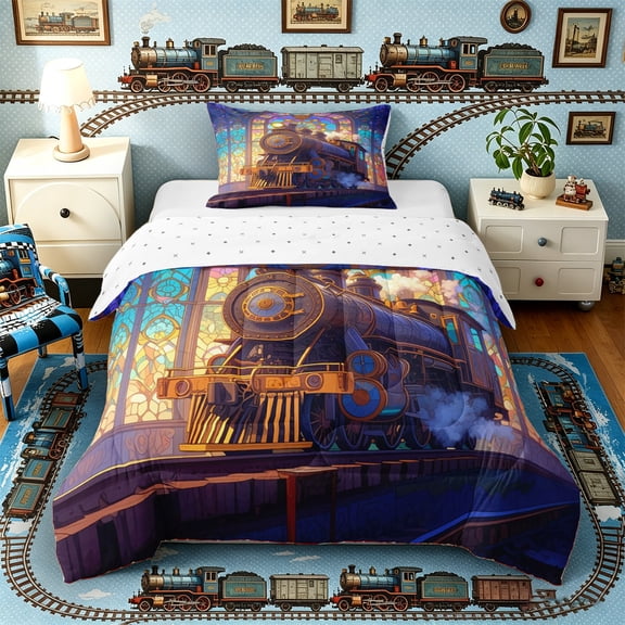 Castle Fairy Stained Glass Train Twin Comforter Sets 3-Piece for Teens, Art Deco Station Bedding Set for Themed Bedroom, Purple Gold