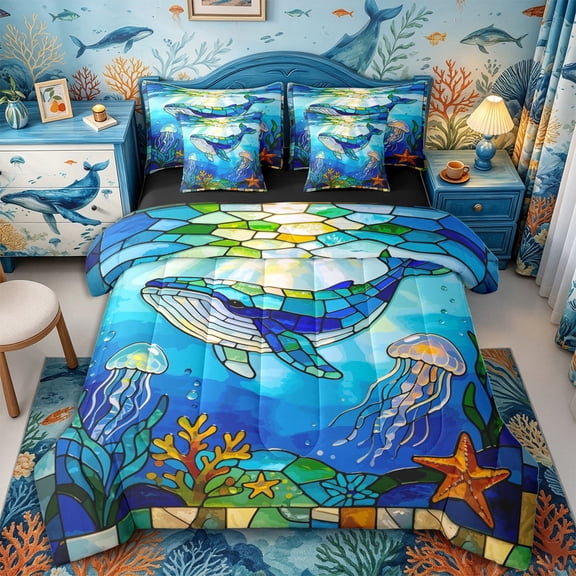 Castle Fairy Stained Glass Whale Full Size Bedding Sets 7 Pieces,Jellyfish Coral Underwater Tile Full Size Bed in a Bag,Cyan Navy,Black Reversible