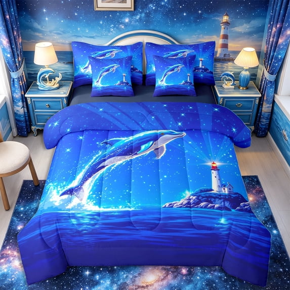 Castle Fairy Starry Jumping Dolphin Queen Bedding 7pcs,Night Lighthouse Seascape Bedding Comforter Set Queen,Deep Blue,Navy Blue Reversible