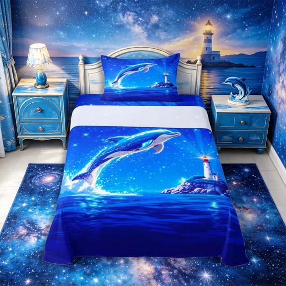 Castle Fairy Starry Jumping Dolphin Twin Sheets 3pcs,Night Lighthouse Seascape Bedding,Deep Blue,1 Fitted Sheet,1 Flat Sheet and 1 Pillowcase