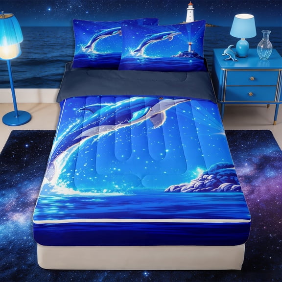 Castle Fairy Starry Jumping Dolphin Zipper Queen Comforter Set with Fitted Sheet and 2 Pillowcases,Night Lighthouse Seascape Zipper Bedding Set,Deep Blue,Navy Blue Reversible,4 Pieces