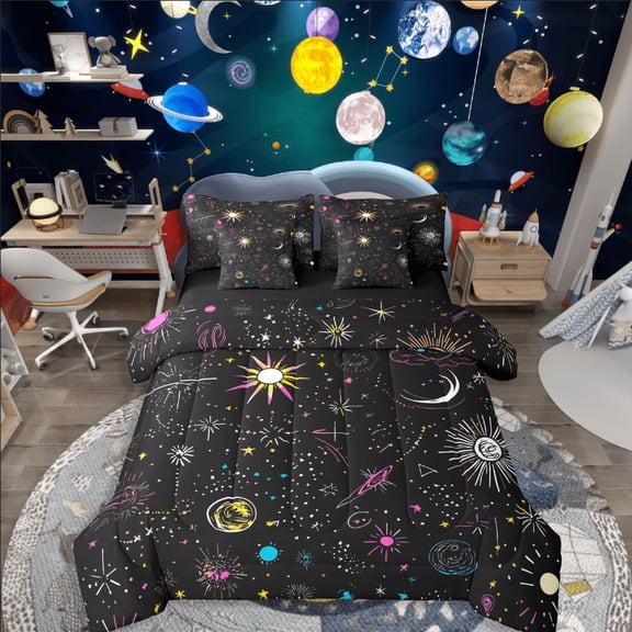 Castle Fairy Starry Sky 7-Piece Bedding Comforter Set,Galaxy Universe King Bedding Sets,Psychedelic Constellations Ultra Soft Bed Sheets,Microfiber Children Bedroom Decor,Reversible
