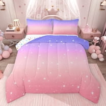 Castle Fairy Starry Sky Bedding Comforter Set 2pcs for Boys Girls,Dreamy Princess Twin Comforter Sets Microfiber,Gradient Pink Purple Breathable Bedding Set,Luxury Bedroom Decor,Reversible