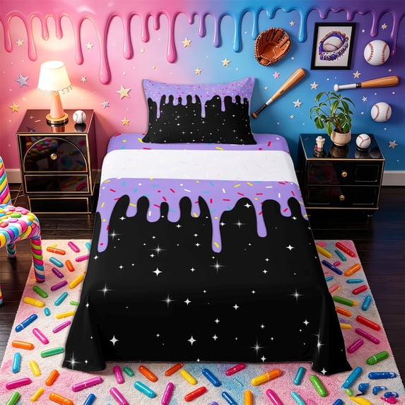 Castle Fairy Stars Print Twin Sheets 3pcs, Ice Cream Drip Bedding, Purple Black,1 Fitted Sheet, 1 Flat Sheet and 1 Pillowcase