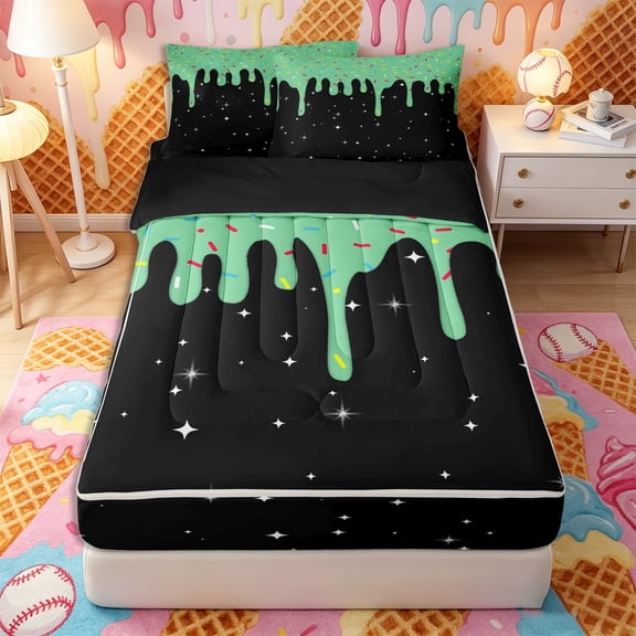 Castle Fairy Stars Print Zipper Twin Comforter Sets with Fitted Sheet and 2 Pillowcases, Ice Cream Drip Zipper Bedding Set, Green Black,4-Piece,Black Reversible