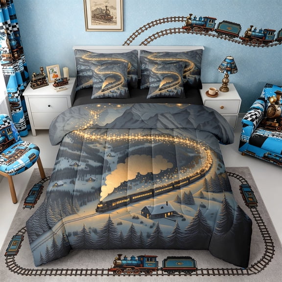 Castle Fairy Storybook Train Twin Bedding Sets 7-Piece for Teens, Nighttime Snow Scene Bedding Comforter Set for Bedroom, Grey Yellow,Black Reversible
