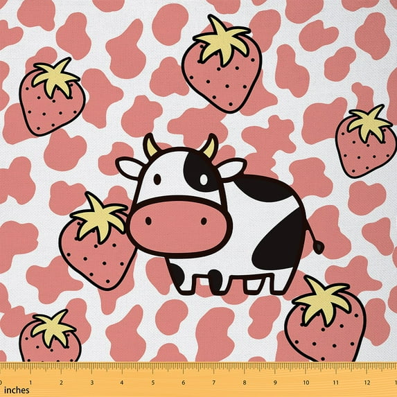 Castle Fairy Strawberry Cow Fabric by the Yard 5 Yard,Cow Print Sewing Fabric,Cartoon Animal Fabric for Sewing,Lightweight Kids Room Decor