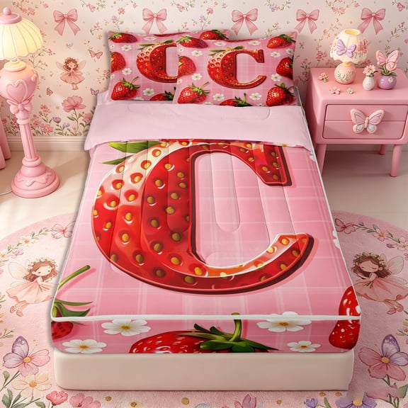 Castle Fairy Strawberry Letter C Zipper Twin Comforter Sets with Fitted Sheet and 2 Pillowcases,Red Fruit Checkered Zipper Bedding Set for Bedroom,4-Piece,Reversible