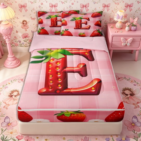 Castle Fairy Strawberry Letter E Zipper Twin Comforter Sets with Fitted Sheet and 2 Pillowcases,Red Fruit Zipper Bedding Set,4-Piece,Reversible