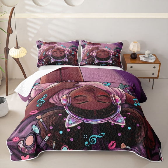 Castle Fairy Stylish Black Girl Bed Spread Queen,Music Makeup Print Queen Coverlet Set,Purple