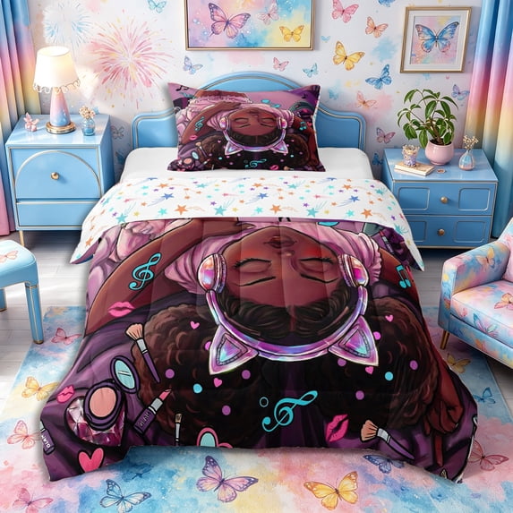 Castle Fairy Stylish Black Girl Twin Comforter Sets 2pcs,Music Makeup Print Bedding Set,Purple,1 Comforter and 1 Pillowcase