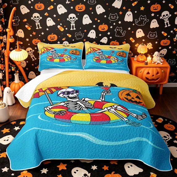 Castle Fairy Summer Holiday Skeleton Twin Quilt Set,Cartoon Pool Float Pumpkin Bat Twin Coverlet Set,Blue Orange Yellow