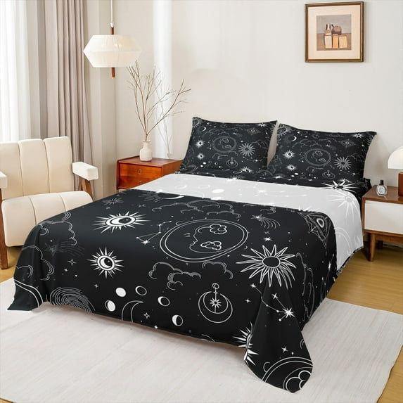 Castle Fairy Sun Moon Stars 4 Pieces Queen Sheet Sets for Teens Adults,Starry Sky Ultra Soft Flat Sheet,Black White Queen Fitted Sheet,Lightweight Room Decor