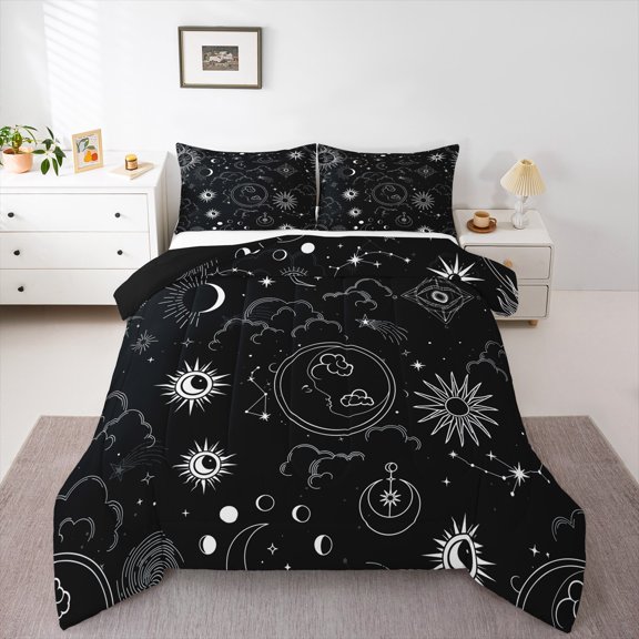 Castle Fairy Sun Moon Stars Bedding Comforter Set 2pcs for Teens Adults,Starry Sky Twin Comforter Sets Microfiber,Black White Breathable Bedding Set,Lightweight Room Decor,Reversible