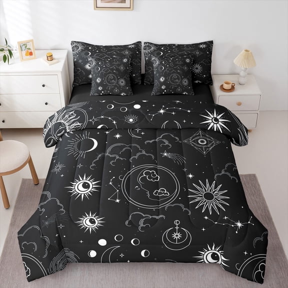 Castle Fairy Sun Moon Stars Bedding Comforter Set 7-Piece for Teens Adults,Starry Sky King Bedding Sets,Black White Ultra Soft Bed Sheets,Lightweight Room Decor,Reversible
