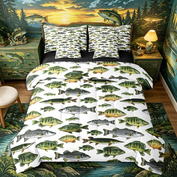 Castle Fairy Sunfish Tile 7-Piece Twin Bedding,Striped Bass White Pattern Bedding Comforter Set,Green White,Black Reversible
