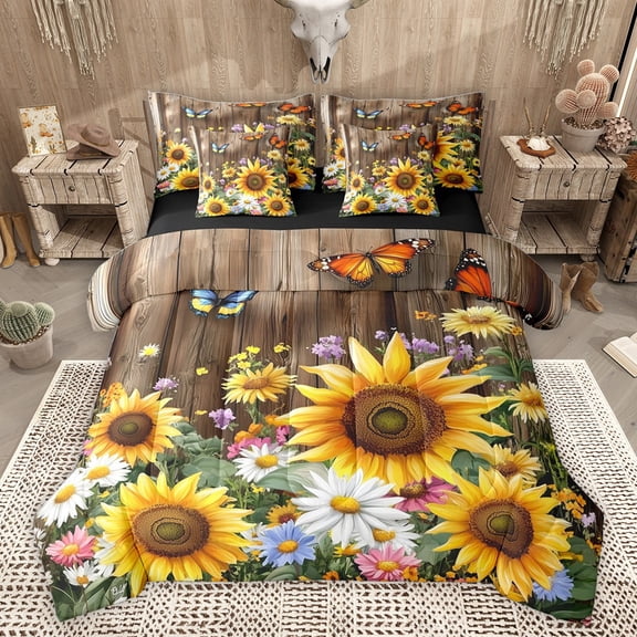 Castle Fairy Sunflowers Daisy Butterflies Twin Bedding Sets 7-Piece for Boys Girls,Chic Floral Blossoms Bedding Comforter Set Microfiber,Old Barn Door Breathable Sheet Sets,Lightweight Room Decor