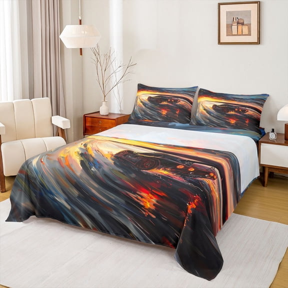 Castle Fairy Sunset Racer Bed Sheets 4pcs for Men, Abstract Sky King Sheets for Master Bedroom, Orange and Blue