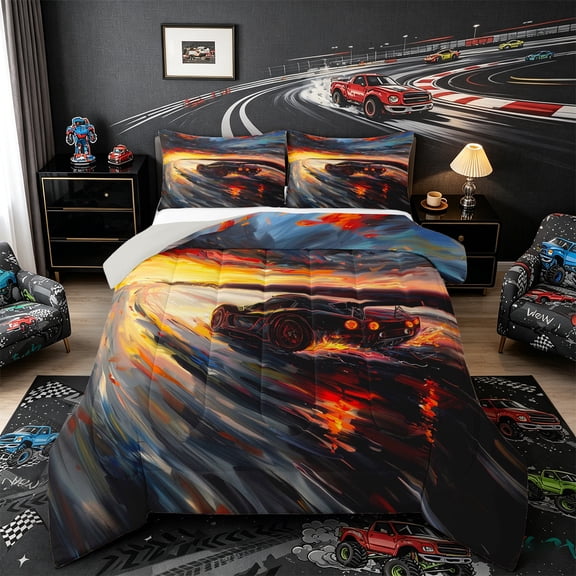 Castle Fairy Sunset Racer Full Size Comforter Sets 3 Pieces for Men, Abstract Sky Bedding Sets for Master Bedroom, Orange and Blue,Grey Reversible