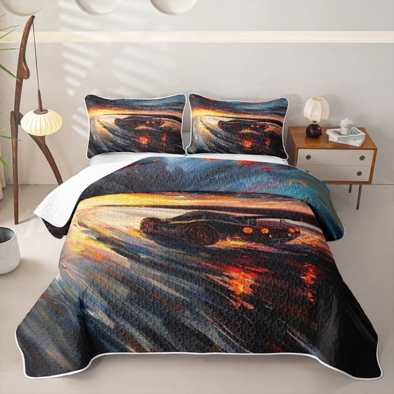Castle Fairy Sunset Racer Twin Quilt Set,Abstract Sky Twin Coverlet Set,Orange and Blue