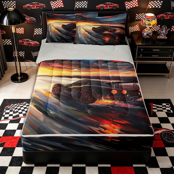 Castle Fairy Sunset Racer Zipper Twin Comforter Sets with Fitted Sheet and 2 Pillowcases,Abstract Sky Zipper Bedding Set,Orange and Blue,4-Piece,Grey Reversible