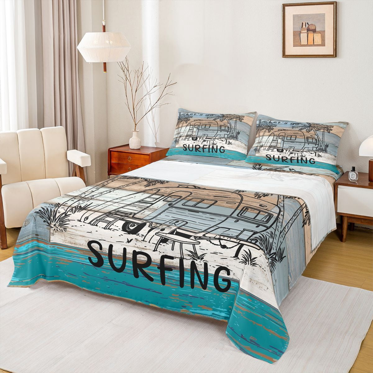 Castle Fairy Surf Camper Art Full Size Sheets 4-Piece for Teens, "Let's ...