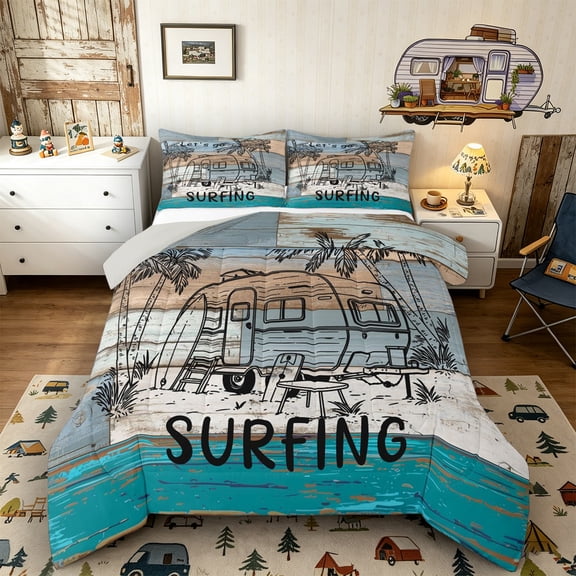 Castle Fairy Surf Camper Art Queen Comforter Set 3pcs for Teens, "Let's Go Surfing" Print Bedding Comforter Set for Bedroom, Blue Brown,Grey Reversible