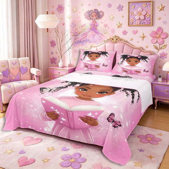 Castle Fairy Sweet Black Girl Bed Sheets 4-Piece,Magical Book Print Full Size Sheets,Pink,1 Fitted Sheet, 1 Flat Sheet and 2 Pillowcases
