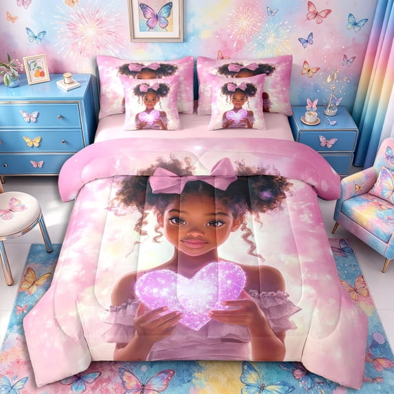 Castle Fairy Sweet Black Girl Queen Bedding 7pcs,Dreamy Glowing Heart Bedding Comforter Set Queen,Pink,Pink Reversible