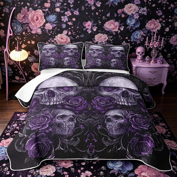 Castle Fairy Symmetrical Gothic Skull Bed Spread Queen,Floral Rose Leaves Queen Coverlet Set,Violet Black