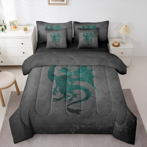 Castle Fairy Teal Dragon 7 Pieces Bedding Comforter Set,Magical Animal Full Bedding Set Lightweight,Abstract Vintage Fitted Sheet Flat Sheet,Ultra Soft Wildlife Home Decor,Reversible