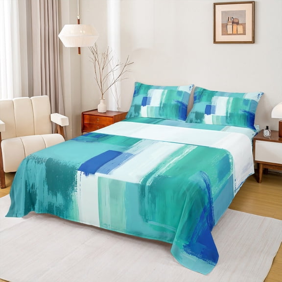 Castle Fairy Teal Rectangle 4 Pieces Queen Sheet Sets for Boys,Abstract Gradient Ultra Soft Flat Sheet,Minimalism Geometric Queen Fitted Sheet,Breathable Home Decor