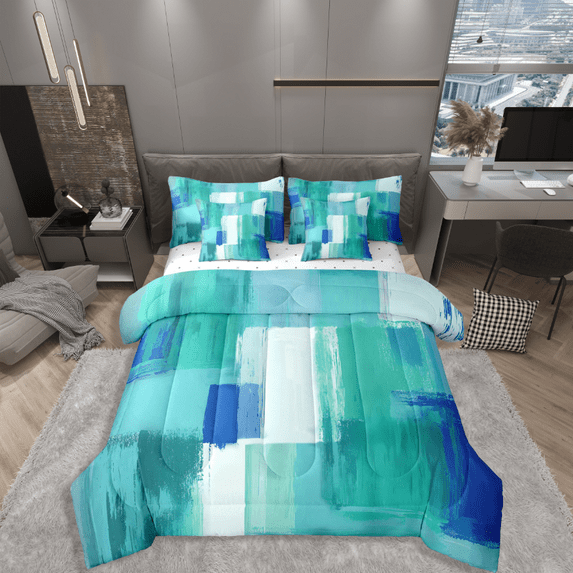 Castle Fairy Teal Rectangle 7-Piece Bedding Comforter Set for Boys,Abstract Gradient King Bedding Sets,Minimalism Geometric Ultra Soft Bed Sheets,Breathable Home Decor