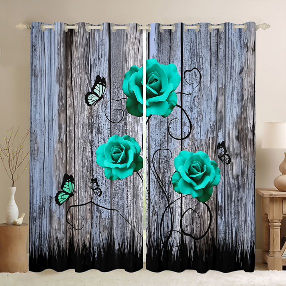 Castle Fairy Teal Rose Blackout Curtains Set of 2 (52x84 Each),Butterfly Window Curtains