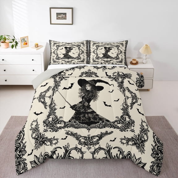 Castle Fairy Teenager Halloween Witch 3 Pieces Queen Comforter Set,Spooky Animal Ultra Soft Bedding Sets,Bohemian Damask Bedding Comforter Set,Super Cozy Festival Room Decor