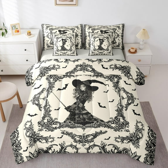 Castle Fairy Teenager Halloween Witch 7 Pieces Bedding Comforter Set,Spooky Animal Full Bedding Set Lightweight,Bohemian Damask Fitted Sheet Flat Sheet,Super Cozy Festival Room Decor