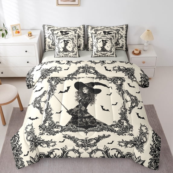 Castle Fairy Teenager Halloween Witch 7pcs Bedding Comforter Set,Spooky Animal Queen Bedding Sets Super Cozy,Bohemian Damask Queen Sheet Sets,Super Cozy Festival Room Decor