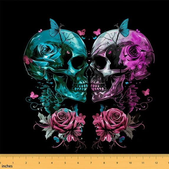 Castle Fairy Teenagers Abstract Skull Fabric by the Yard 1 Yard,Rose Butterfly Home Decor Fabric by the Yard,Gothic Style Room Decor Fabric by the Yard,Breathable Home Decor