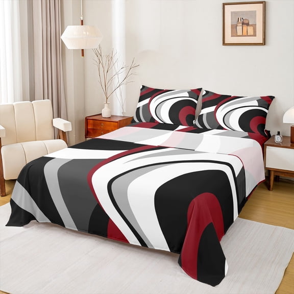 Castle Fairy Teenagers Abstract Stripes 4-Piece Full Size Sheets,Vintage Aesthetic Bed Sheets,Minimalist Geometric Lightweight Sheet Sets,Breathable Home Decor