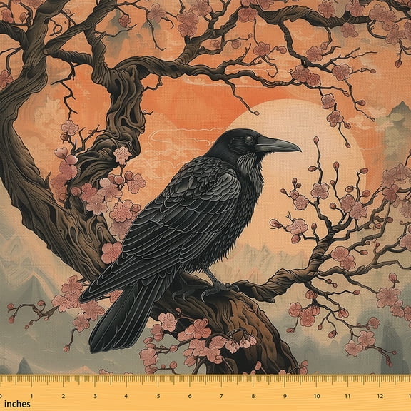 Castle Fairy Teenagers Black Crow Fabric by the Yard 3 Yards,Japanese Style Sewing Fabric,Cherry Blossom Fabric for Sewing,Ultra Soft Home Decor