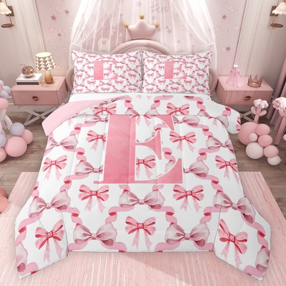 Castle Fairy Teenagers Cartoon Bow Knot Letter Monogrammed E Bedding Comforter Set 2pcs,Cute Bow-Tie Plaid Grid Twin Comforter Sets Microfiber,Dreamy Princess Breathable Bedding Set